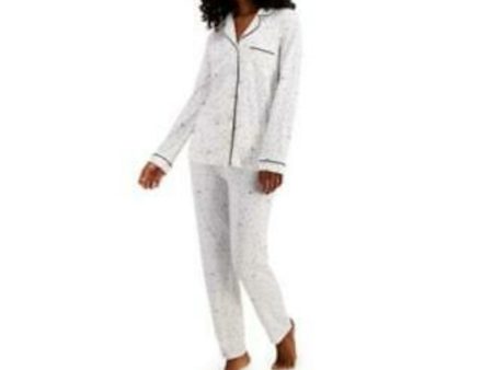 ALFANI White Notched Collar Printed Long Sleeve V Neck Straight leg Pajamas Online Sale