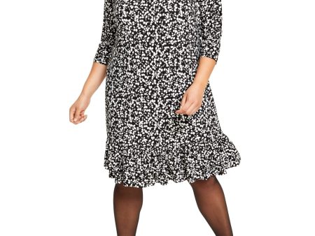 TOMMY HILFIGER Womens Black Floral 3 4 Sleeve Round Neck Below The Knee Wear To Work Ruffled Dress For Discount