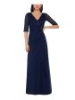 B&A  BY BETSY & ADAM Womens Navy Zippered Scalloped Ruched Waterfall Ruffle V-back Elbow Sleeve V Neck Full-Length Formal Gown Dress Online now