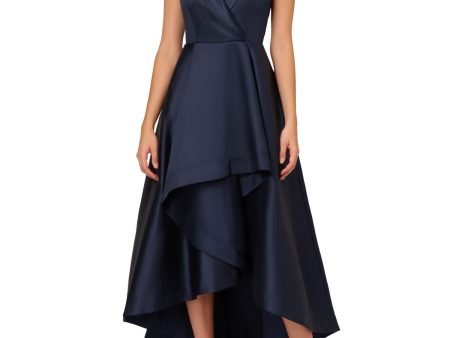 ADRIANNA PAPELL Womens Navy Zippered Lined Gathered Collared Sleeveless Surplice Neckline Full-Length Formal Gown Dress Online Sale