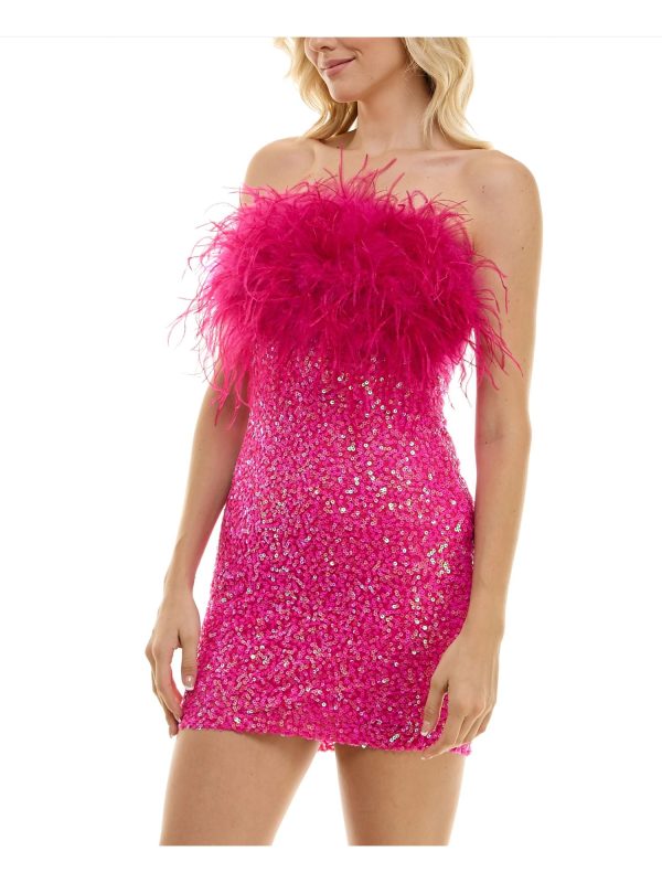 B DARLIN Womens Pink Zippered Lined Feathered Sleeveless Strapless Mini Party Body Con Dress on Sale