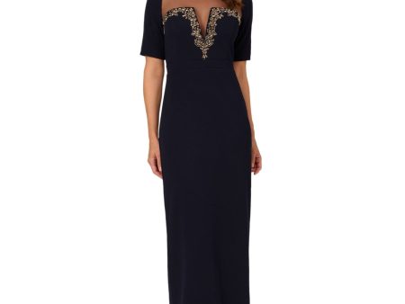 ADRIANNA PAPELL Womens Navy Beaded Zippered Slitted Back Lined Elbow Sleeve Illusion Neckline Full-Length Formal Gown Dress For Sale