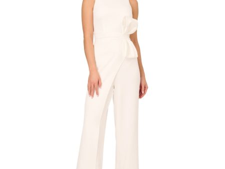 ADRIANNA PAPELL Womens Ivory Zippered Bow Waist Overlay Across Leg Sleeveless Round Neck Party Wide Leg Jumpsuit Supply