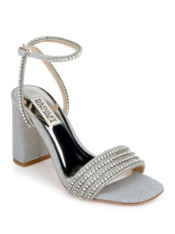 BADGLEY MISCHKA Womens Silver Mixed Media Metallic Ankle Strap Embellished Padded Becca Square Toe Block Heel Buckle Dress Heeled M For Discount