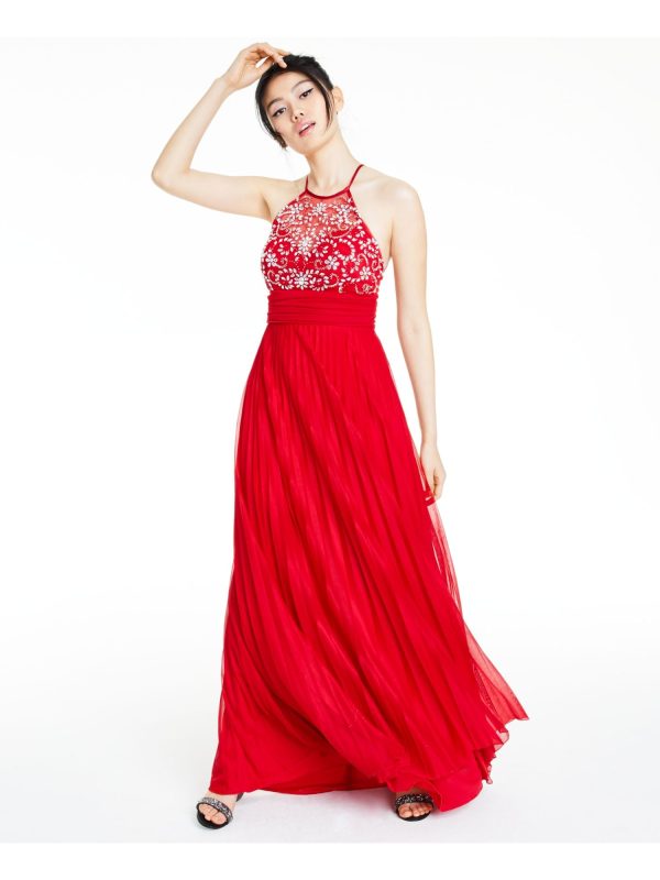 B DARLIN Womens Embellished Sleeveless Halter Full-Length Prom Fit + Flare Dress Online