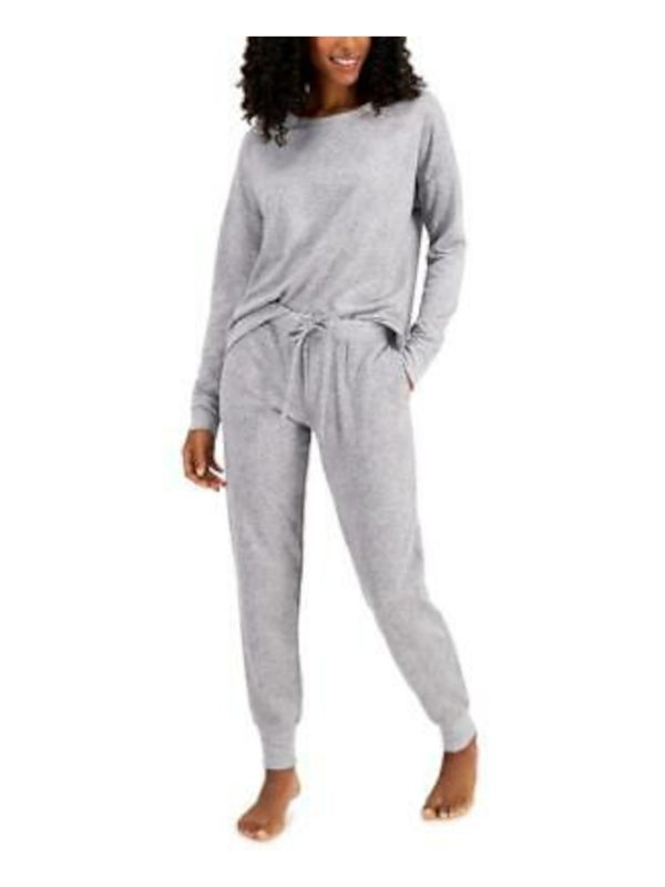 ALFANI Gray Drawstring Animal Print Long Sleeve Crew Neck Cuffed Pajamas Online Sale