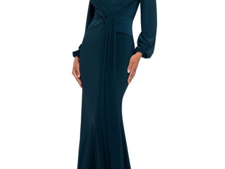 BETSY & ADAM Womens Teal Zippered Pleated Draped Front Accent Lined Balloon Sleeve Surplice Neckline Full-Length Formal Gown Dress Online