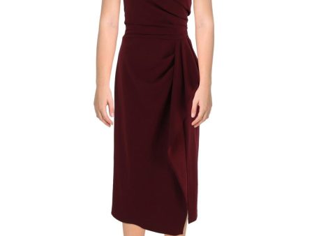 BETSY & ADAM Womens Maroon Zippered Ruched Cascade Ruffle Slit Lined Short Sleeve Off Shoulder Midi Evening Sheath Dress Supply