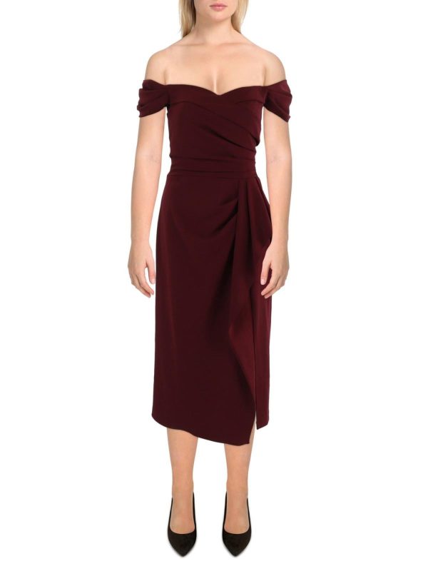 BETSY & ADAM Womens Maroon Zippered Ruched Cascade Ruffle Slit Lined Short Sleeve Off Shoulder Midi Evening Sheath Dress Supply