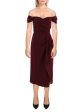 BETSY & ADAM Womens Maroon Zippered Ruched Cascade Ruffle Slit Lined Short Sleeve Off Shoulder Midi Evening Sheath Dress Supply