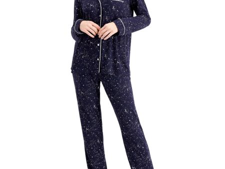 ALFANI Navy Patterned Long Sleeve V Neck Straight leg Everyday Pajamas For Discount