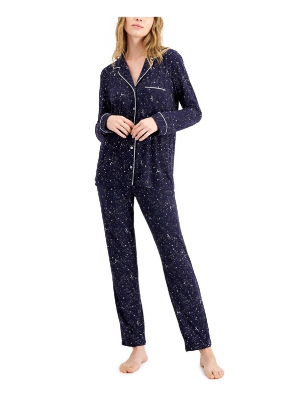 ALFANI Navy Patterned Long Sleeve V Neck Straight leg Everyday Pajamas For Discount