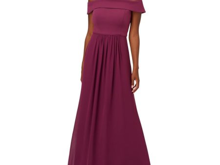 ADRIANNA PAPELL Womens Purple Zippered Lined Foldover Neckline Chiffon Skirt Cap Sleeve Off Shoulder Full-Length Evening Gown Dress Online now