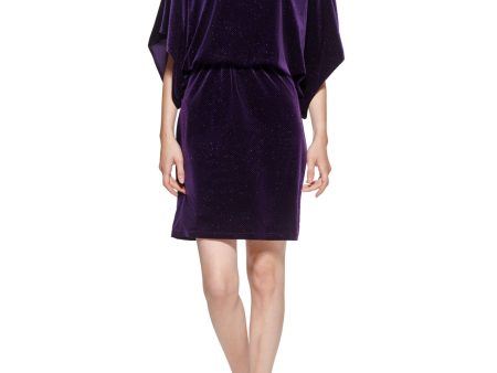 JESSICA HOWARD Womens Purple Glitter Ruched Dolman Sleeve Boat Neck Above The Knee Party Blouson Dress Cheap