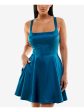 B DARLIN Womens Teal Pocketed Zippered Open Lace Up Back Lined Sleeveless Square Neck Short Party Fit + Flare Dress on Sale