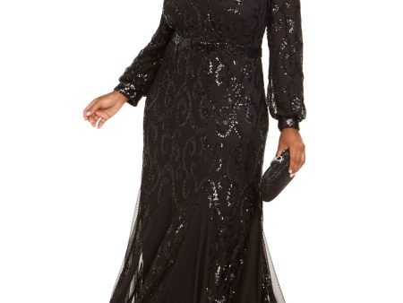 R&M RICHARDS WOMAN Womens Black Sequined Zippered Molded Cups Godet Inset Hem Cuffed Sleeve Surplice Neckline Full-Length Formal Gown Dress For Discount