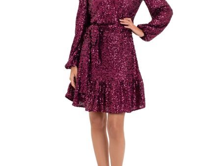 BETSY & ADAM Womens Burgundy Belted Lined Flounce Hem Pullover Blouson Sleeve Surplice Neckline Short Cocktail Fit + Flare Dress Online Hot Sale