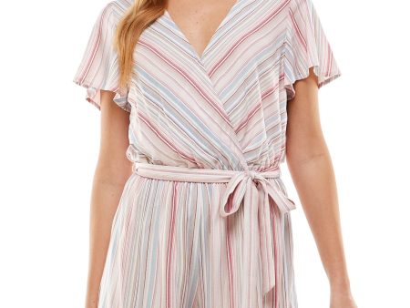 BEBOP Womens Ruffled Striped Flutter Sleeve Surplice Neckline Wide Leg Romper Online