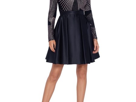 BETSY & ADAM Womens Black Pleated Zippered Glitter Geo-pattern Bodice Lined Long Sleeve Boat Neck Above The Knee Party Fit + Flare Dress Sale