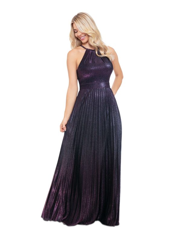 BETSY & ADAM Womens Navy Pleated Zippered Lined Sleeveless Halter Full-Length Formal Gown Dress Hot on Sale