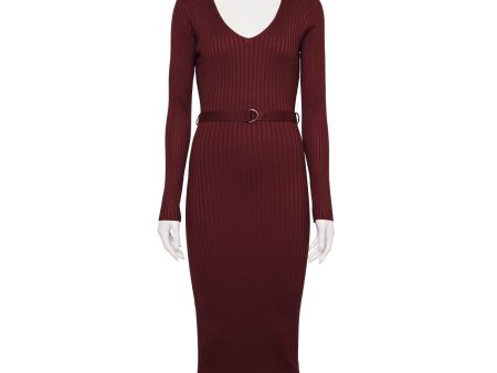 ALMOST FAMOUS Womens Burgundy Ribbed Belted V-back Long Sleeve V Neck Midi Party Body Con Dress Online Hot Sale