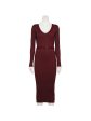 ALMOST FAMOUS Womens Burgundy Ribbed Belted V-back Long Sleeve V Neck Midi Party Body Con Dress Online Hot Sale