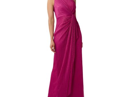 ADRIANNA PAPELL Womens Pink Zippered Ruched Twist With Cascade Side Front Pinstripe Sleeveless Asymmetrical Neckline Full-Length Evening Gown Dress Online Sale