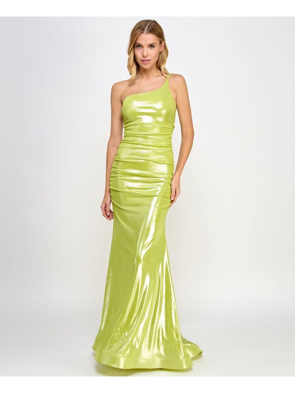 B DARLIN Womens Metallic Sleeveless Asymmetrical Neckline Full-Length Formal Gown Dress on Sale