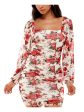 ALMOST FAMOUS Womens Ivory Ruched Sheer Lined Pullover Floral Long Sleeve Square Neck Short Party Body Con Dress Hot on Sale