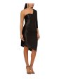 AIDAN Womens Black Pleated Zippered Asymmetric Hem Lined 3 4 Sleeve Asymmetrical Neckline Below The Knee Evening Sheath Dress Fashion