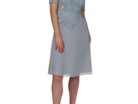 ADRIANNA PAPELL Womens Embellished Short Sleeve Round Neck Knee Length Cocktail Fit + Flare Dress Sale