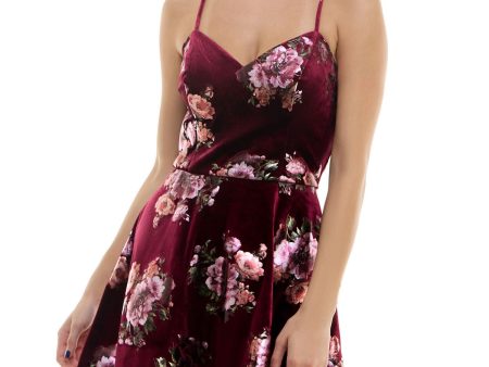 BCX DRESS Womens Burgundy Open Back Lined Crisscross Straps Pullover Floral Spaghetti Strap V Neck Above The Knee Party Fit + Flare Dress Fashion