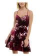 BCX DRESS Womens Burgundy Open Back Lined Crisscross Straps Pullover Floral Spaghetti Strap V Neck Above The Knee Party Fit + Flare Dress Fashion