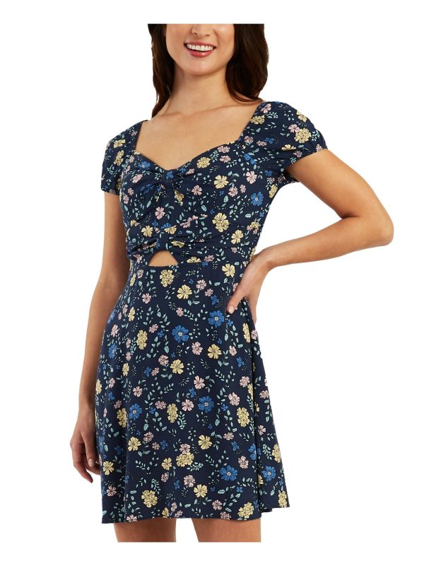 BCX Womens Smocked Floral Pouf Sleeve Sweetheart Neckline Short Party Fit + Flare Dress Hot on Sale