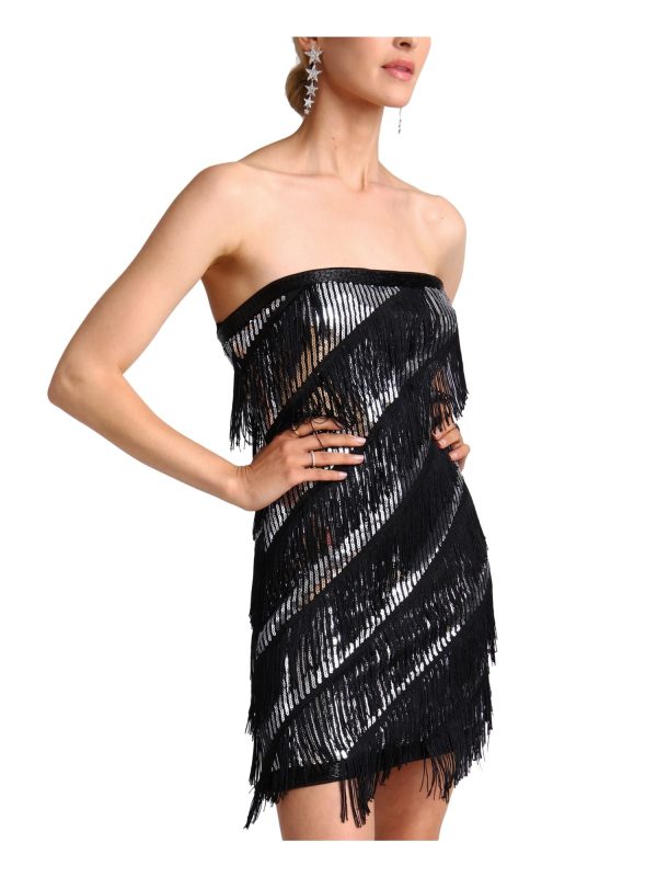 AVEC LES FILLES Womens Black Fringed Zippered Removable Straps Vented Hems Sleeveless Strapless Mini Party Body Con Dress Hot on Sale