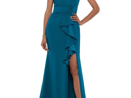 BETSY & ADAM Womens Teal Zippered Ruffled Slitted V-back Sleeveless Boat Neck Full-Length Evening Gown Dress Online Sale