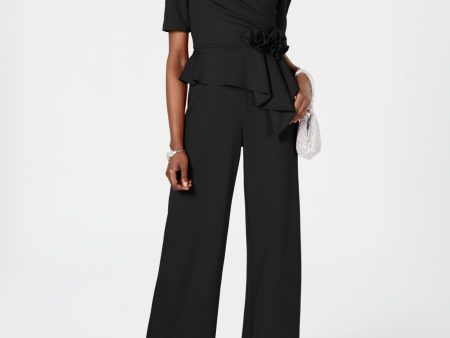 ADRIANNA PAPELL Womens Black Gathered Short Sleeve Surplice Neckline Cocktail Wide Leg Jumpsuit Cheap