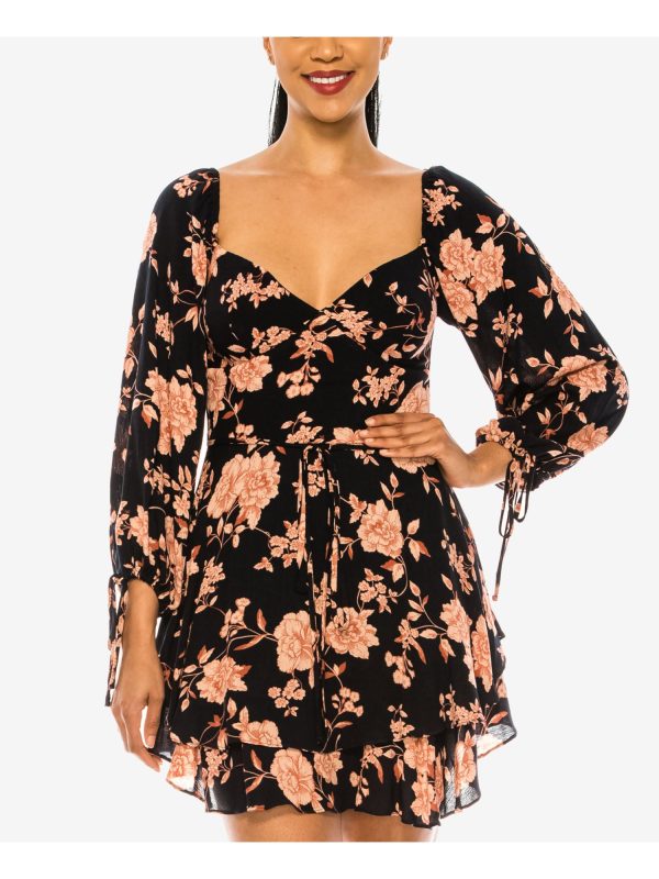 B DARLIN Womens Belted Floral 3 4 Sleeve Sweetheart Neckline Short Party Fit + Flare Dress Hot on Sale