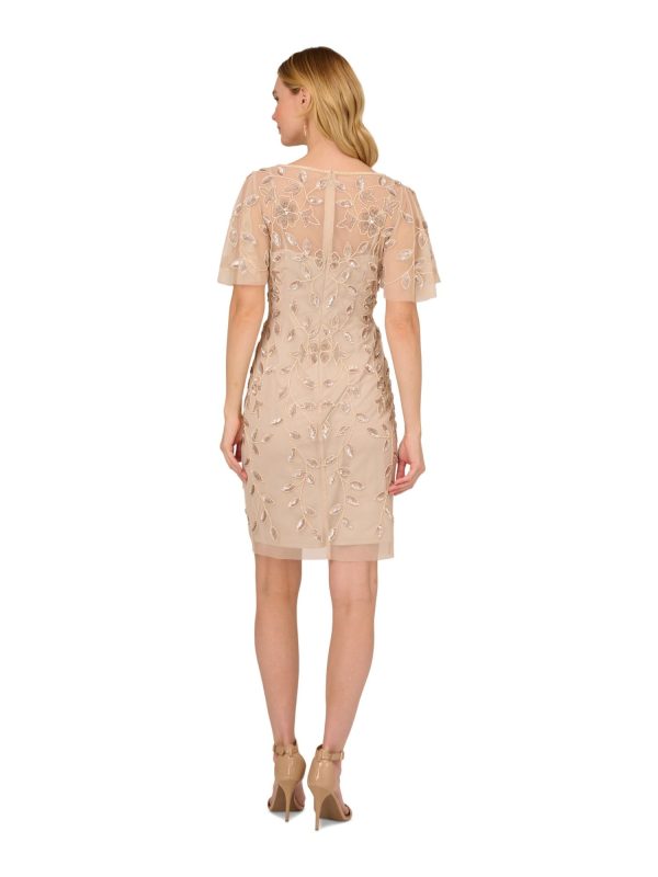 ADRIANNA PAPELL Womens Beige Embellished Zippered Lined Mesh Floral Flutter Sleeve Illusion Neckline Short Evening Sheath Dress Sale