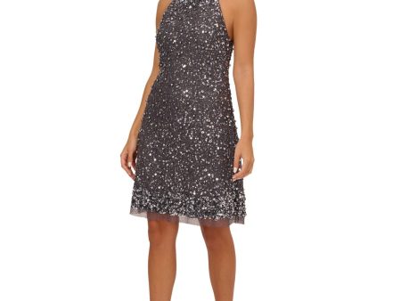 AIDAN AIDAN MATTOX Womens Gray Embellished Zippered Lined Sleeveless Halter Above The Knee Party Fit + Flare Dress Supply