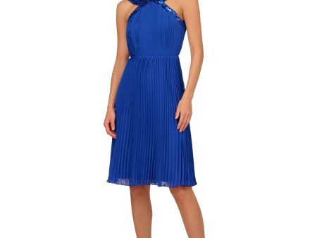 ADRIANNA PAPELL Womens Blue Pleated Zippered Lined Sleeveless Halter Above The Knee Cocktail Fit + Flare Dress Sale