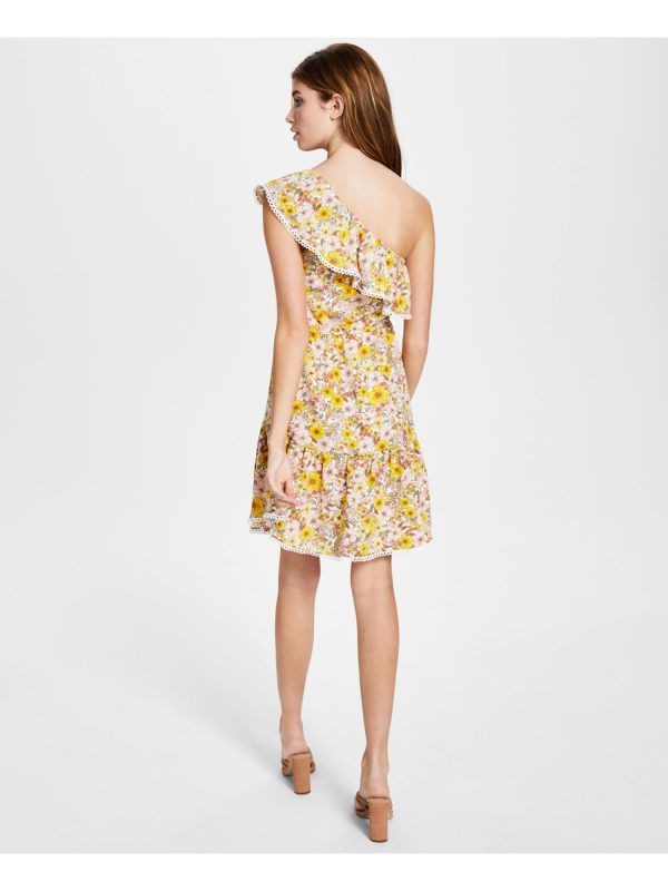 BAR III Womens Ruffled Floral Sleeveless Asymmetrical Neckline Short Fit + Flare Dress Online now