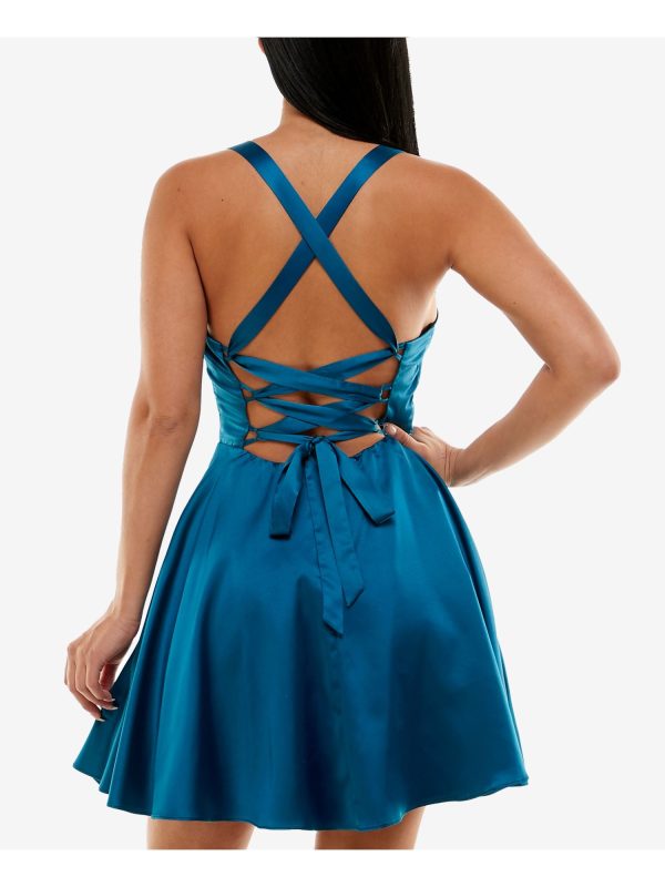 B DARLIN Womens Teal Pocketed Zippered Open Lace Up Back Lined Sleeveless Square Neck Short Party Fit + Flare Dress on Sale