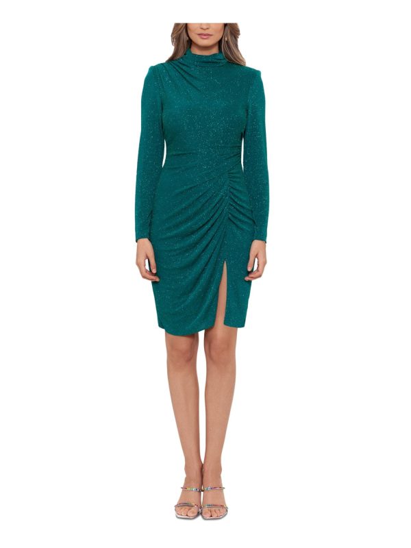 BETSY & ADAM Womens Green Ruched Zippered High-slit Lined Long Sleeve Mock Neck Above The Knee Party Sheath Dress For Discount