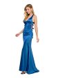 B DARLIN Womens Blue Ruched Zippered Lace-up Open Back High Side Slit Sleeveless V Neck Full-Length Prom Gown Dress For Discount