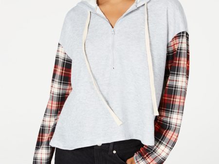 REWASH Womens Plaid Long Sleeve Zip Neck Hoodie Top on Sale