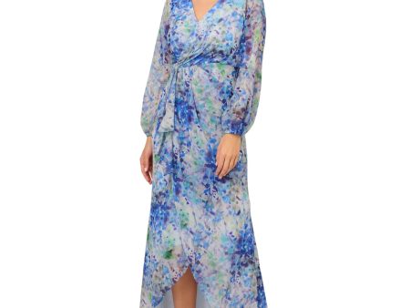 ADRIANNA PAPELL Womens Blue Ruffled Zippered Lined Hi-lo Floral Balloon Sleeve Surplice Neckline Maxi Party Faux Wrap Dress Online Sale