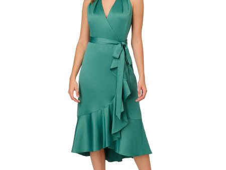 ADRIANNA PAPELL Womens Green Zippered Cascading Ruffle Trim Tie Belt Sleeveless Halter Midi Party Faux Wrap Dress Fashion