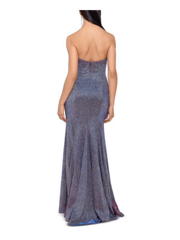 BETSY & ADAM Womens Blue Zippered Glitter Side Slit Sleeveless Asymmetrical Neckline Full-Length Formal Gown Dress Sale