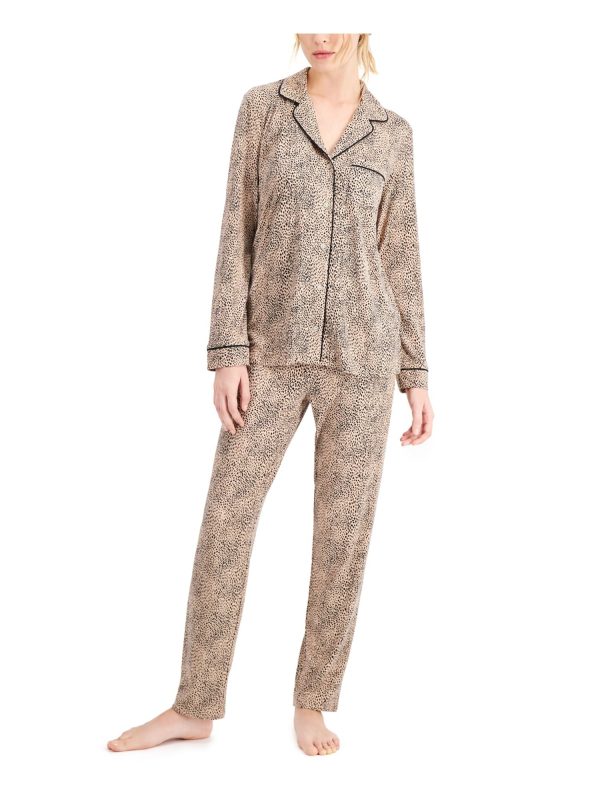 ALFANI Beige Animal Print Long Sleeve Straight leg Everyday Pajamas Fashion